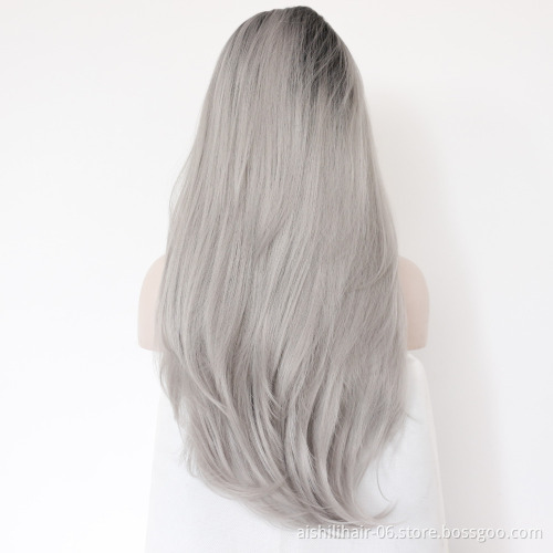 Aishili top quality long gray remy hair kinky straight hd synthetic lace front wigs for women